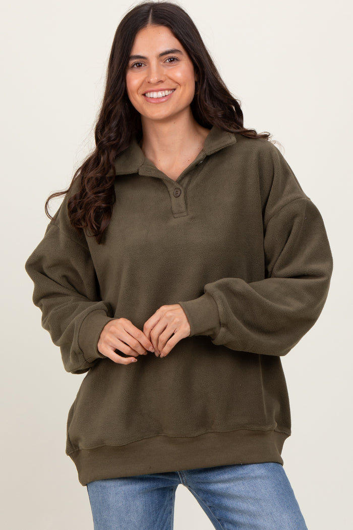 Olive Fleece Collared Button Up Maternity Pullover