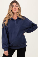 Navy Fleece Collared Button Up Maternity Pullover