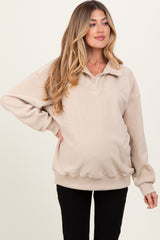 Beige Fleece Collared Button Up Maternity Pullover