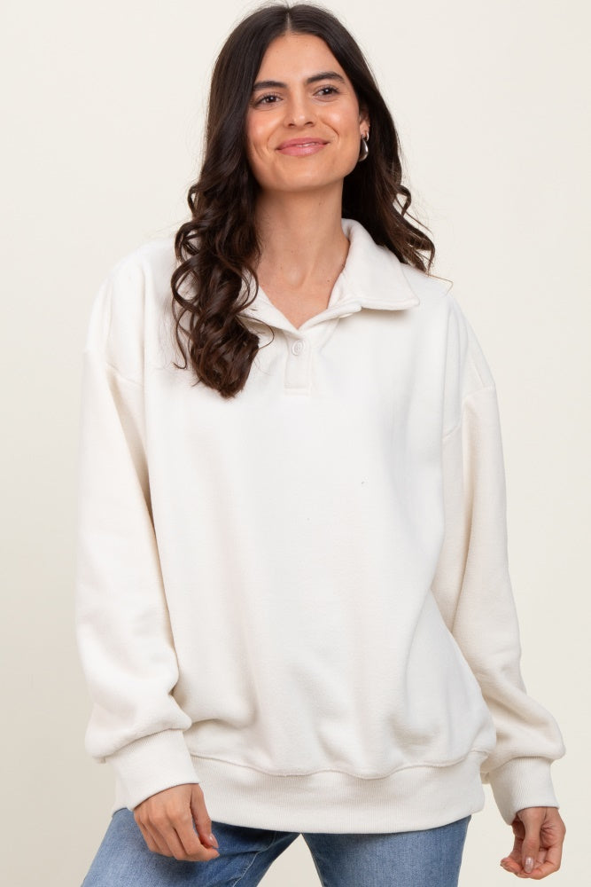 Ivory Fleece Collared Button Up Pullover
