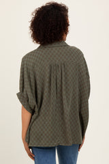 Olive Checker Print Short Sleeve Oversized Blouse