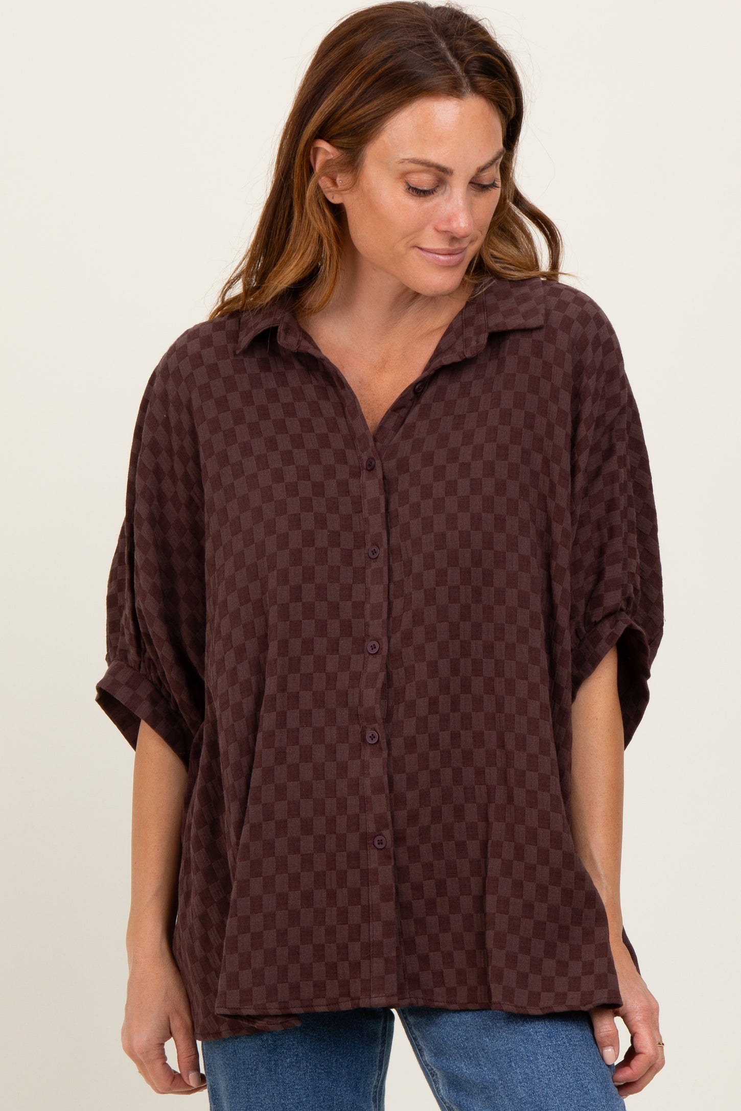 Brown Checker Print Short Sleeve Oversized Maternity Blouse