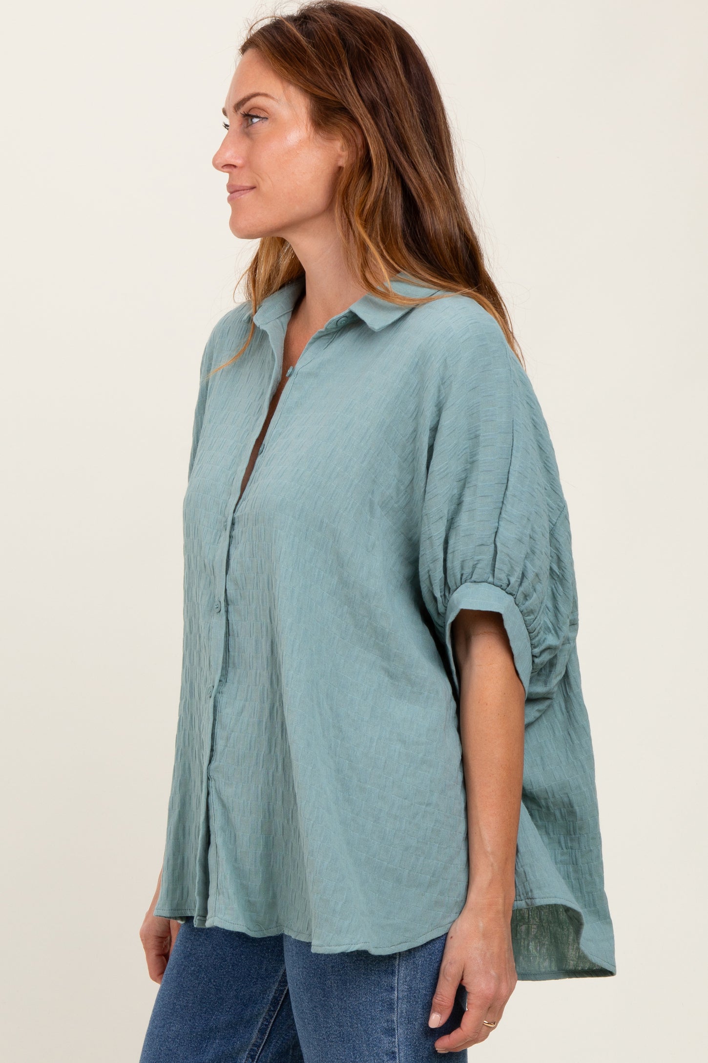 Light Olive Checker Print Short Sleeve Oversized Blouse