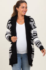 Black Mixed Stripe Fringe Shawl Collar Maternity Cardigan