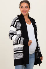 Black Mixed Stripe Fringe Shawl Collar Maternity Cardigan