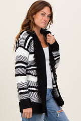 Black Mixed Stripe Fringe Shawl Collar Cardigan