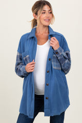 Blue Plaid Contrast Fleece Maternity Shacket