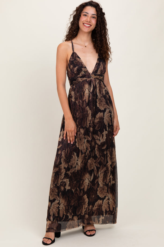 Dark Brown Floral Deep V-Neck Back Cutout Maternity Maxi Dress