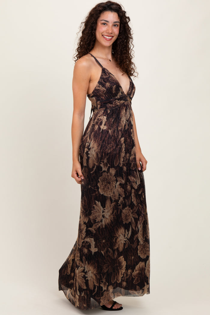 Dark Brown Floral Deep V-Neck Back Cutout Maxi Dress