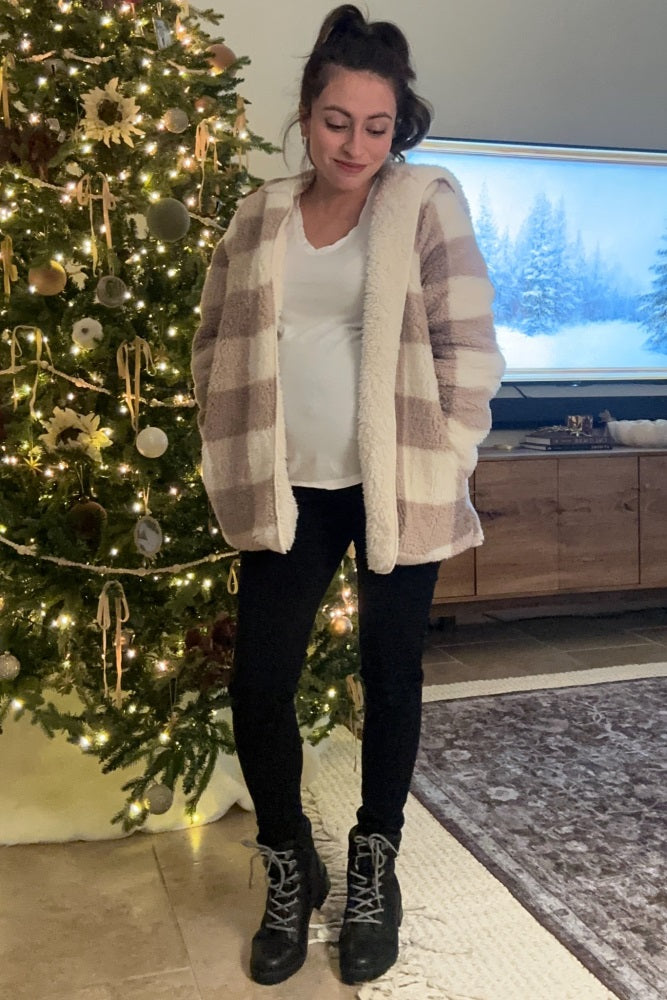 Light Taupe Plaid Teddy Fleece Hooded Maternity Cardigan