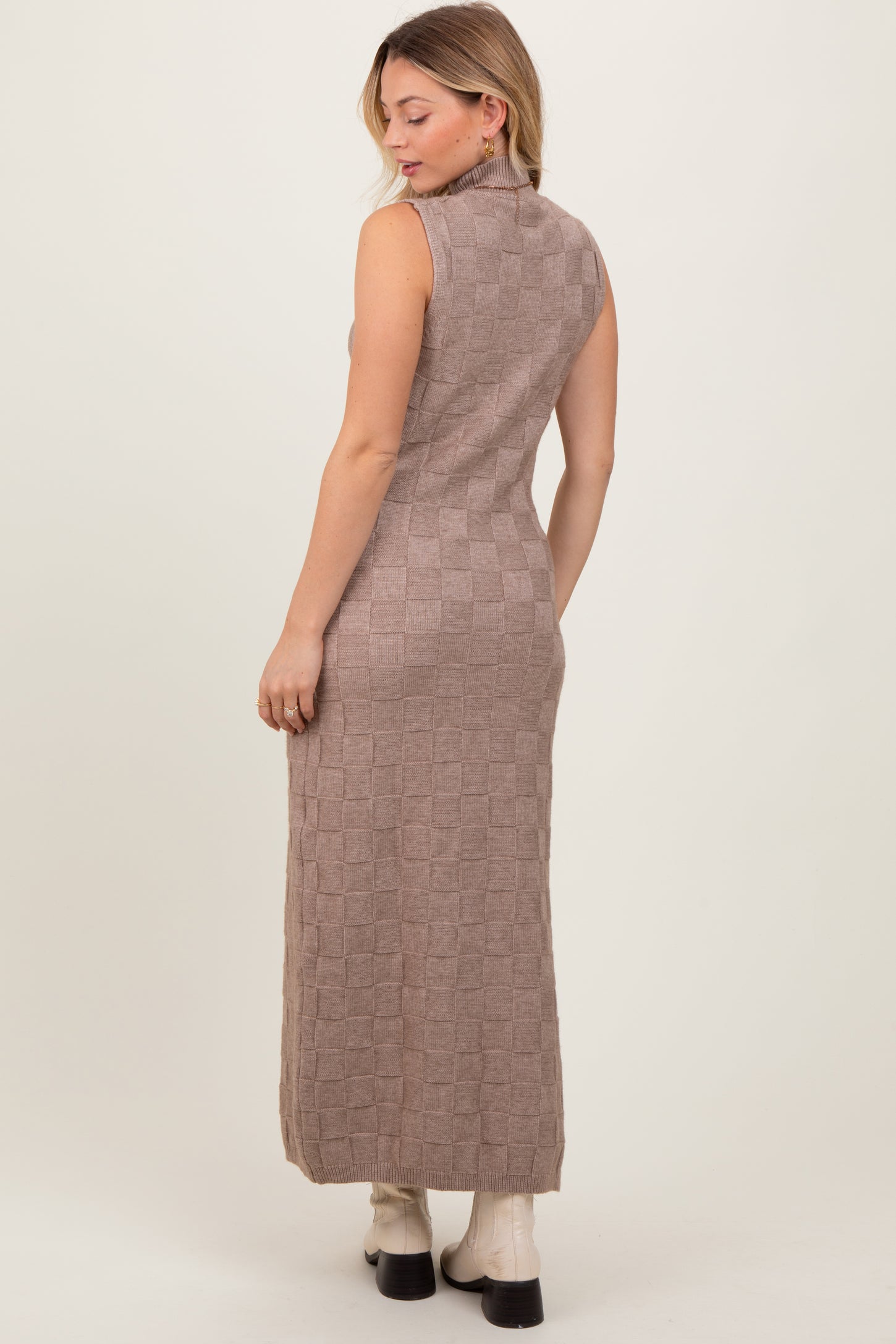 Mocha Checkered Knit Mock Neck Side Slit Maxi Dress