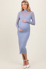 Light Blue Mesh Overlay Fitted Maternity Midi Dress