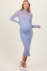 Light Blue Mesh Overlay Fitted Maternity Midi Dress