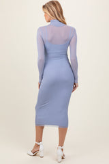 Light Blue Mesh Overlay Fitted Maternity Midi Dress