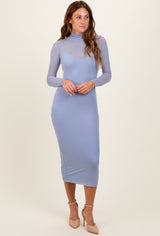 Light Blue Mesh Overlay Fitted Midi Dress