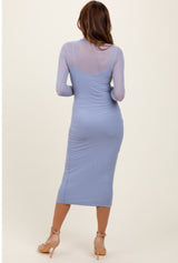 Light Blue Mesh Overlay Fitted Midi Dress