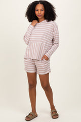 Beige Cozy Striped Ribbed Two-Piece Maternity Lounge Set