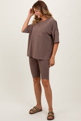 Brown Oversized Short Sleeve Biker Short Set