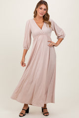 Beige Glitter V-Neck Maternity Maxi Dress