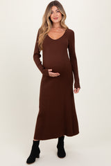 Brown Ribbed Knit Maternity Maxi Sweater Dress