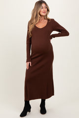 Brown Ribbed Knit Maternity Maxi Sweater Dress