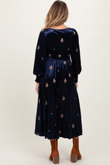 Navy Velvet Embroidered Floral Maternity Midi Dress