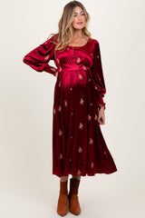 Red Velvet Embroidered Floral Maternity Midi Dress