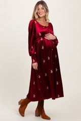 Red Velvet Embroidered Floral Maternity Midi Dress