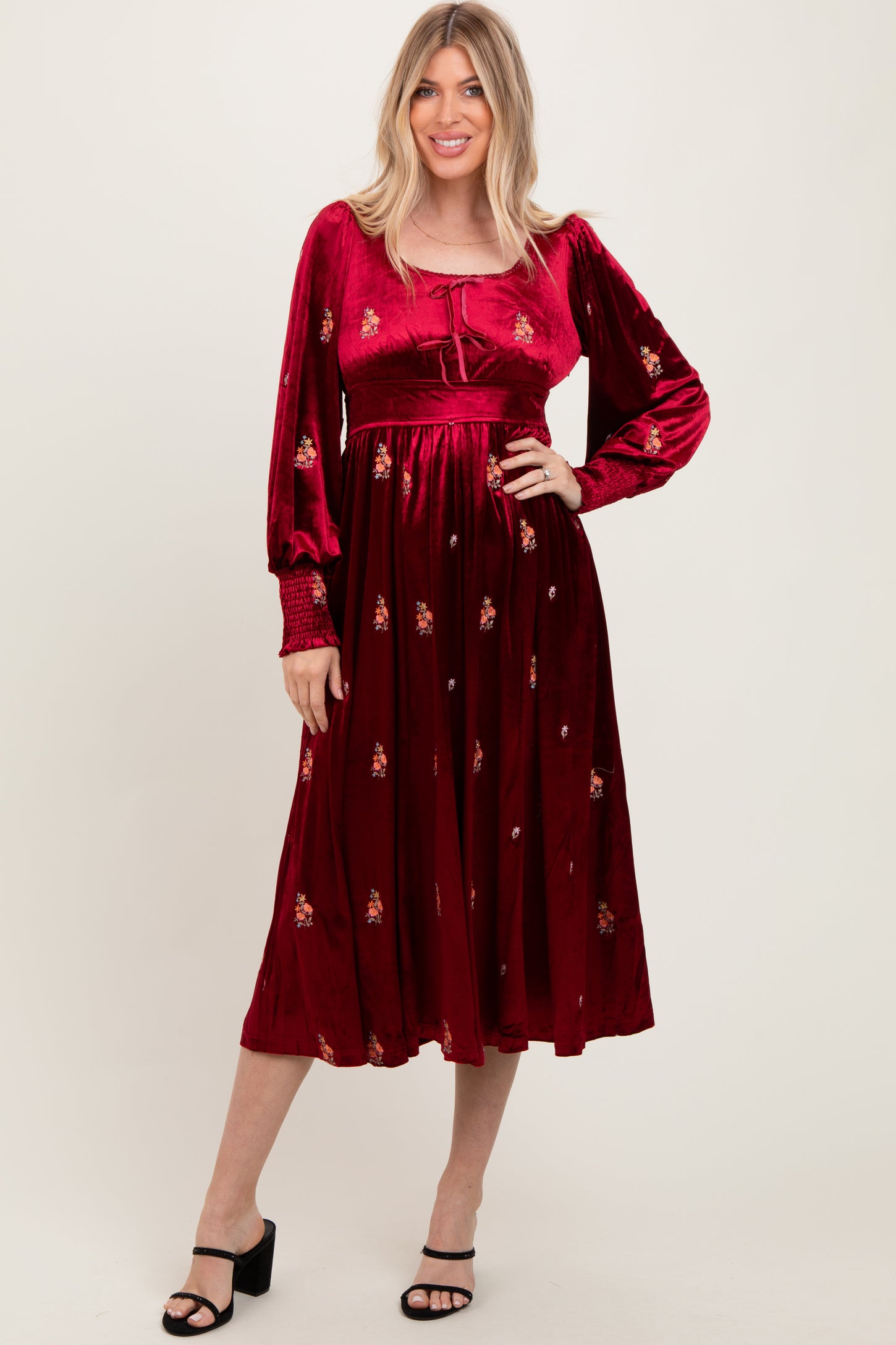 Red Velvet Embroidered Floral Midi Dress