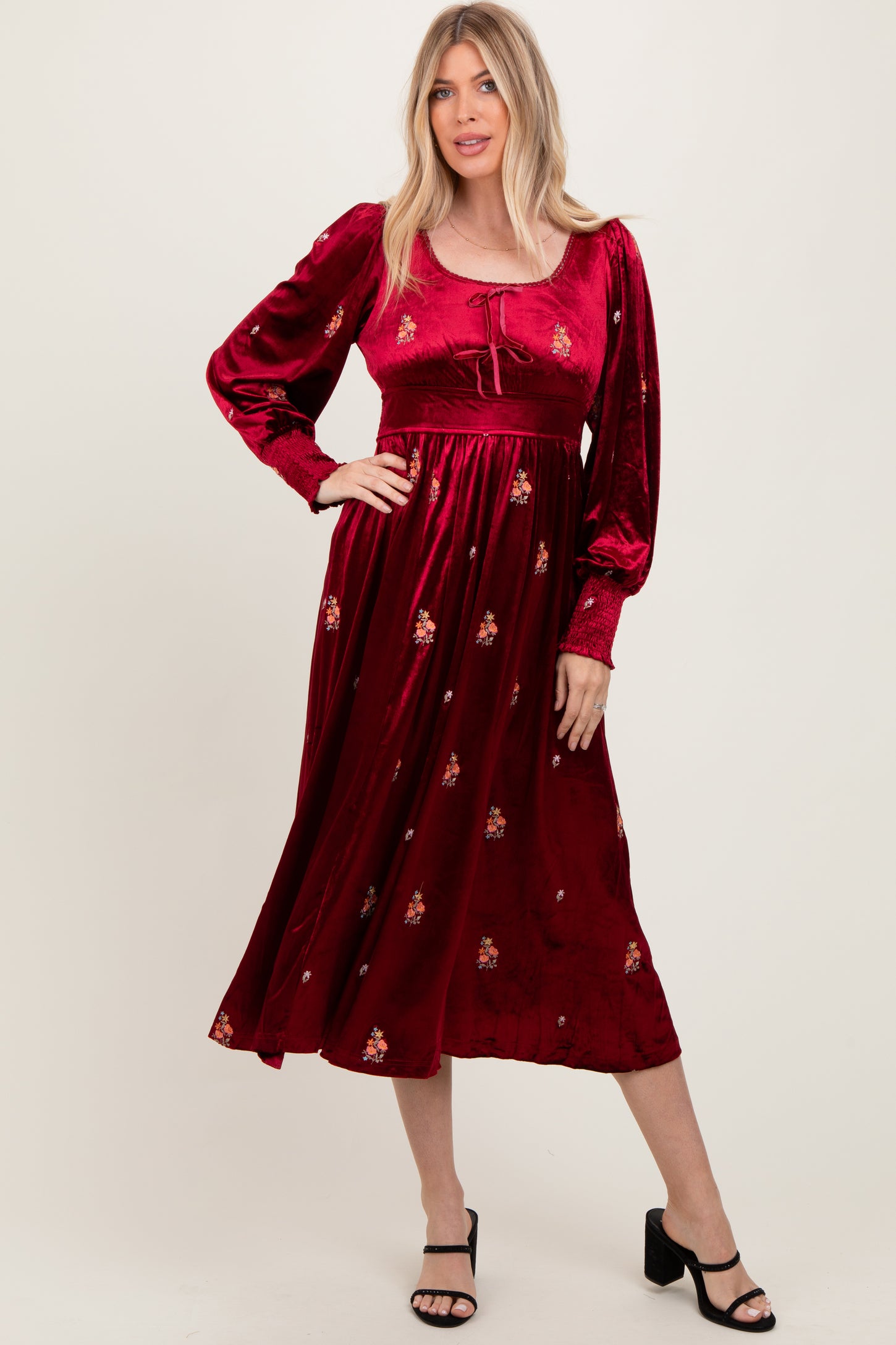 Red Velvet Embroidered Floral Midi Dress