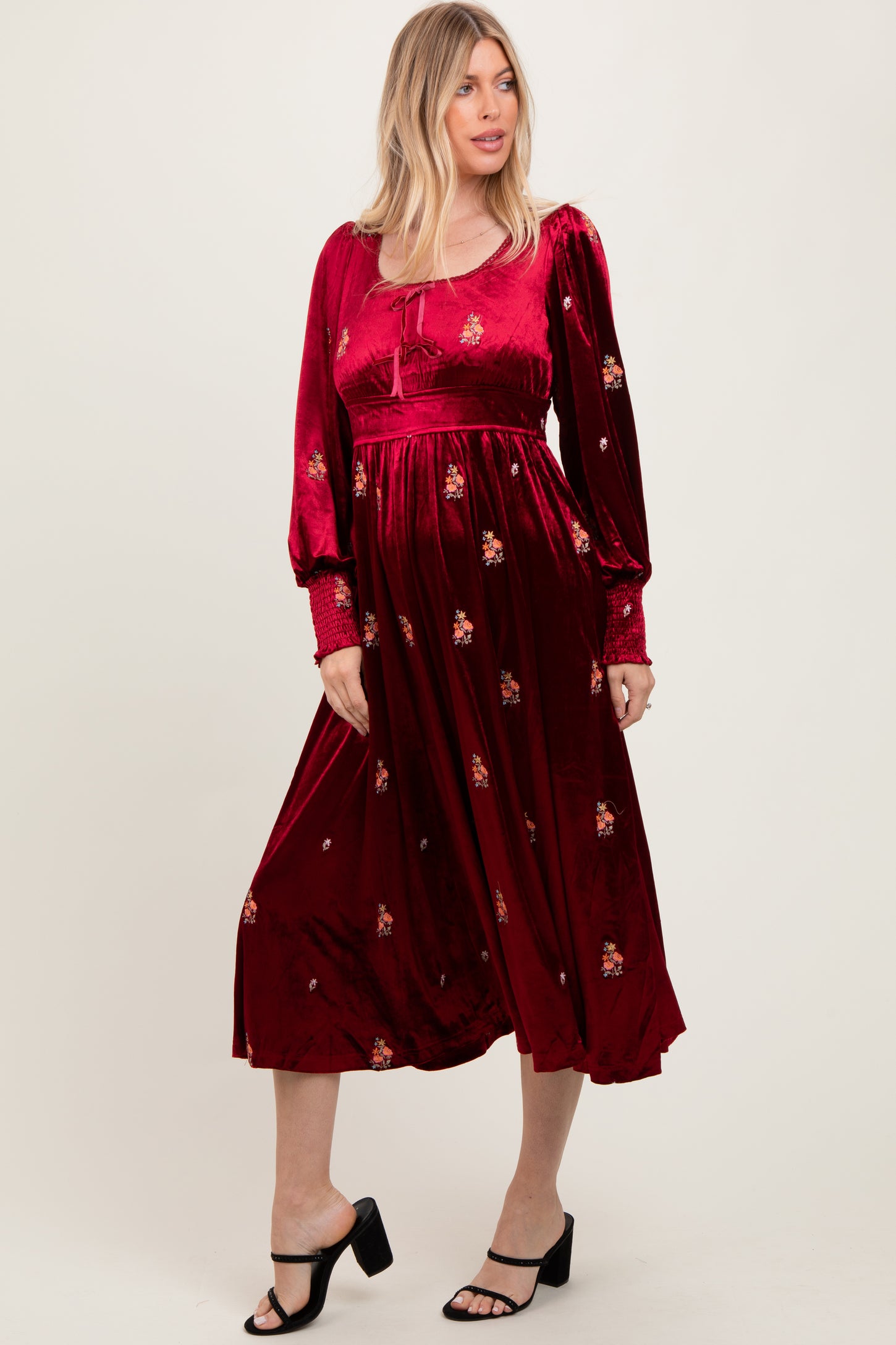 Red Velvet Embroidered Floral Midi Dress