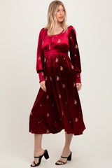Red Velvet Embroidered Floral Midi Dress