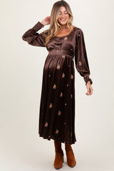 Brown Velvet Embroidered Floral Maternity Midi Dress