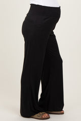 Black Ribbed Smocked Waistband Wide Leg Maternity Pants