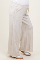 Beige French Terry Raw Edge Maternity Wide Leg Pants