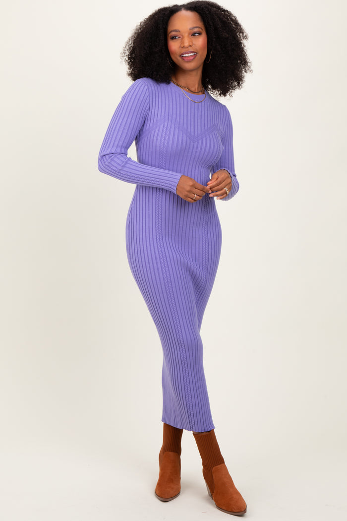 Lavender Contrast Ribbed Knit Maternity Midi Dress
