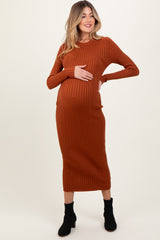 Rust Contrast Ribbed Knit Maternity Midi Dress