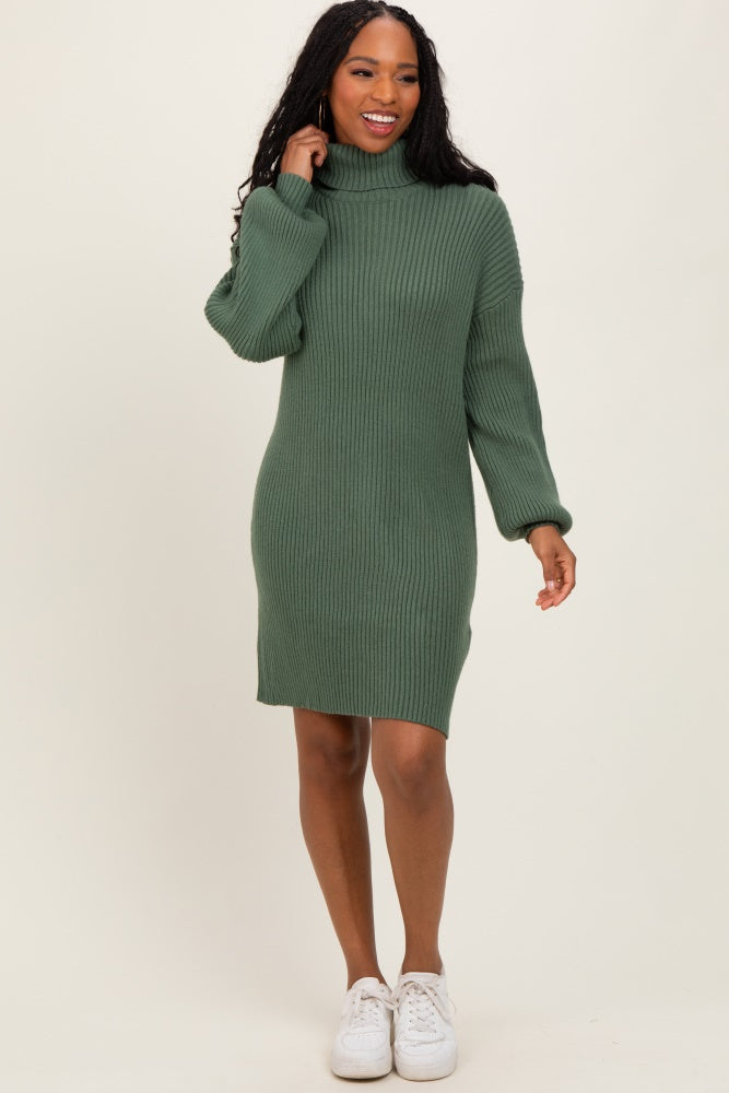 Olive Turteneck Ribbed Sweater Dress