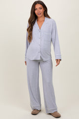 Heather Grey Button Down Top Wide Leg Pant Maternity Pajama Set