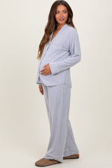 Heather Grey Button Down Top Wide Leg Pant Maternity Pajama Set