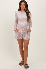 Beige Striped Ribbed Long Sleeve Top Drawstring Short Maternity Set