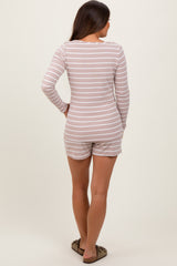 Beige Striped Ribbed Long Sleeve Top Drawstring Short Maternity Set