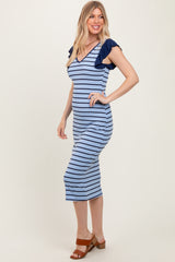 Light Blue Striped Ribbed Ruffle Sleeve Open Back Midi Dress