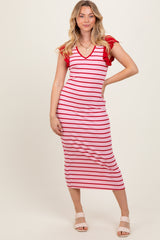 Light Pink Striped Ribbed Ruffle Sleeve Open Back Midi Dress