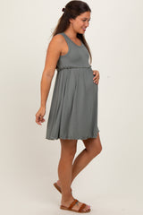 Olive Ribbed Sleeveless Lettuce Trim Maternity Mini Dress