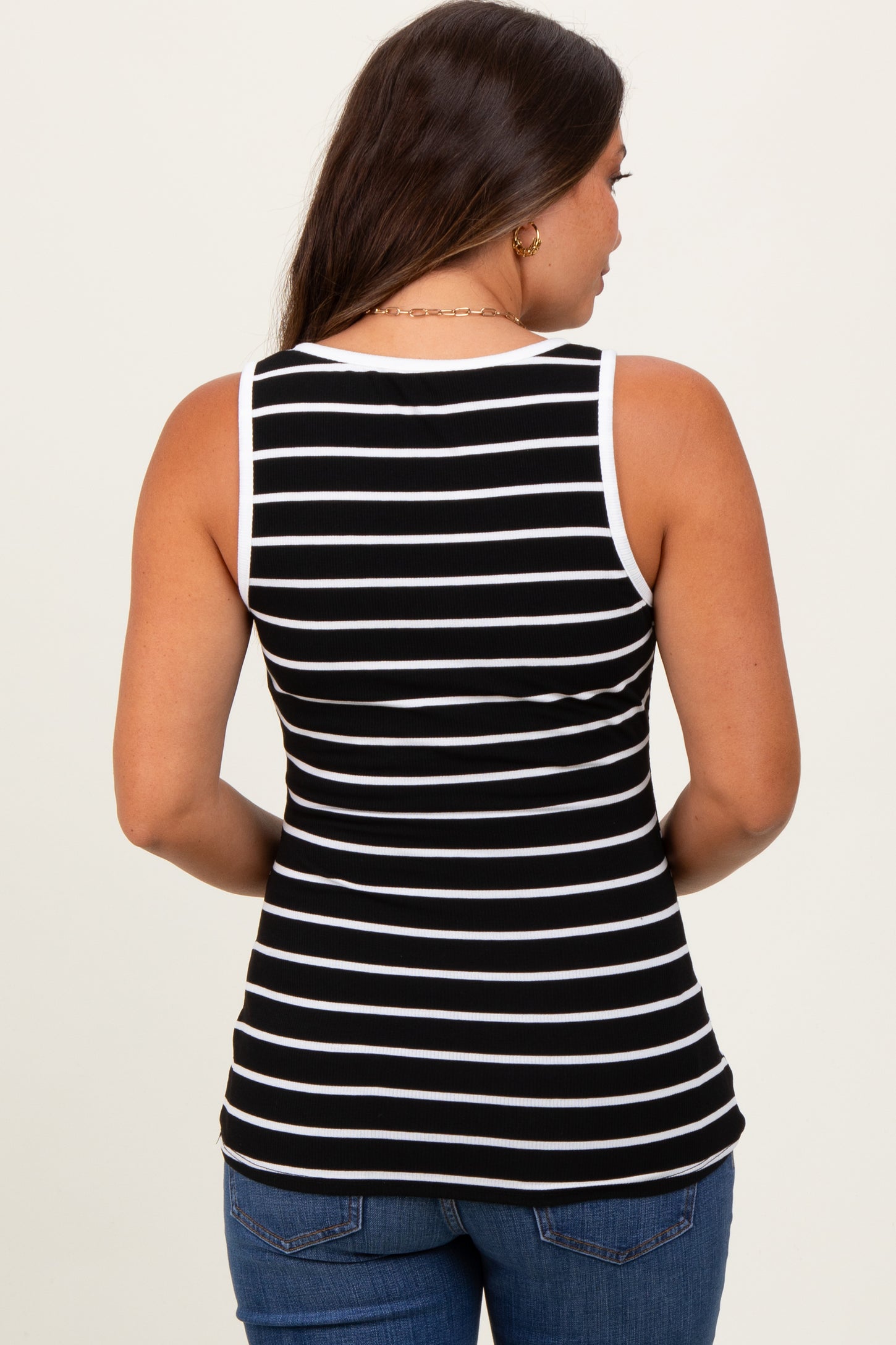 Black Striped Ribbed Button Detail Maternity Tank Top