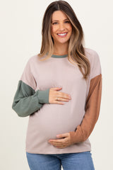 Beige Ribbed Colorblock Sleeve Maternity Long Sleeve Top