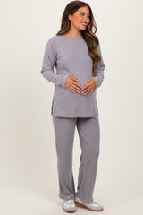 Heather Grey Ribbed Brushed Knit Long Sleeve Pant Maternity Set