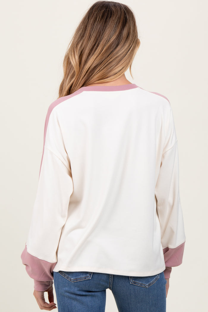 Cream Brushed Knit Colorblock Sleeve Maternity Pullover