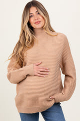 Camel Ribbed Knit Turtleneck Dolman Sleeve Maternity Sweater